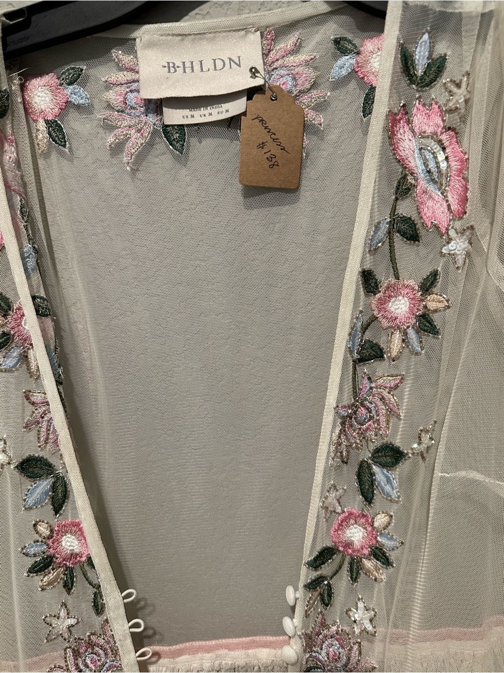 BHLDN Ivory Sheer Floral Embroidered Mesh Robe with Pink Accents - Picture 3 of 3